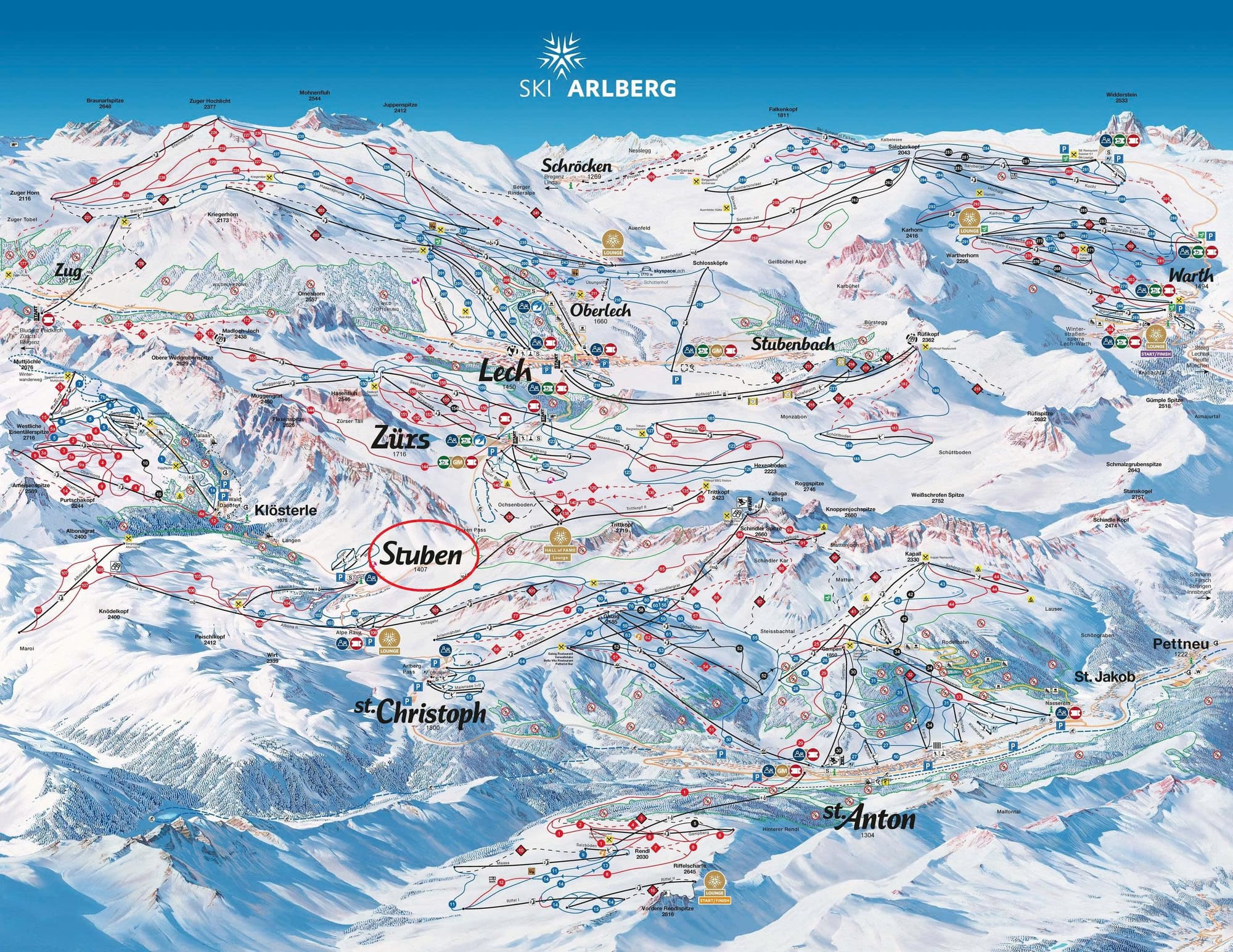 Stuben β central in the Ski Arlberg piste map